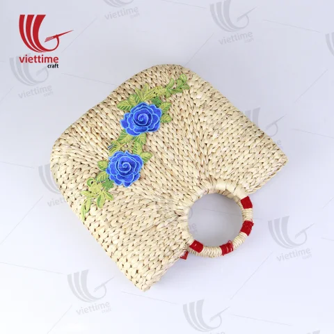 Flower Embroidered Water Hyacinth Basket Bag