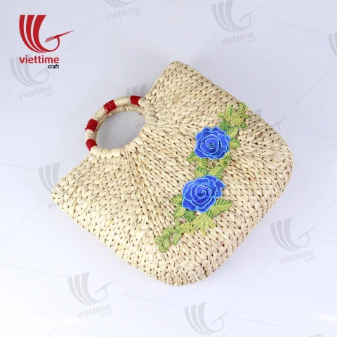 Flower Embroidered Water Hyacinth Basket Bag