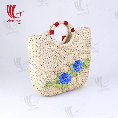 Flower Embroidered Water Hyacinth Basket Bag