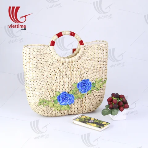 Flower Embroidered Water Hyacinth Basket Bag