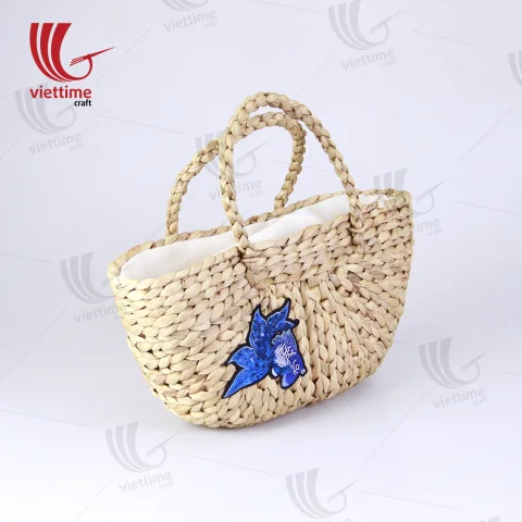 Bird Embroidered Water Hyacinth Basket Bag