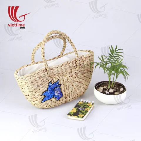 Bird Embroidered Water Hyacinth Basket Bag