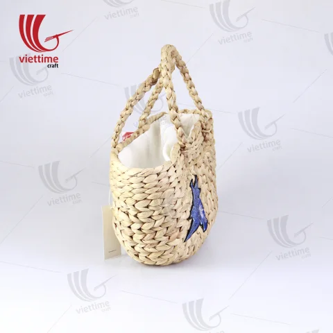 Bird Embroidered Water Hyacinth Basket Bag
