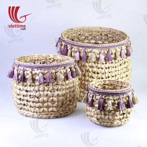 Rattan Export Round Water Hyacinth Bin With Tassel Set Of 3 - REX-B00101