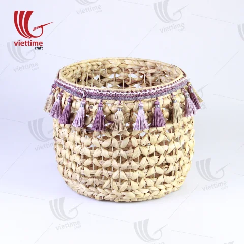 Round Water Hyacinth Bin With Tassel Set Of 3