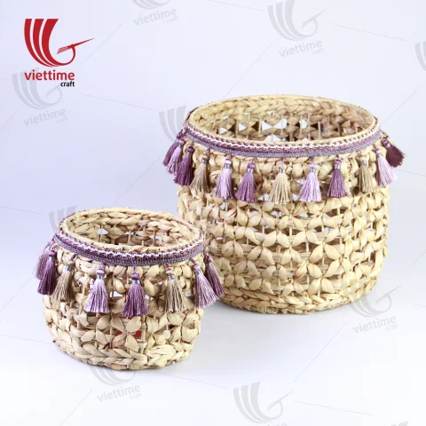 Round Water Hyacinth Bin With Tassel Set Of 3