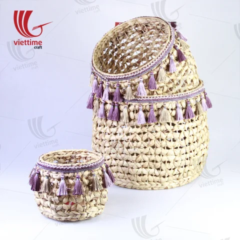Round Water Hyacinth Bin With Tassel Set Of 3