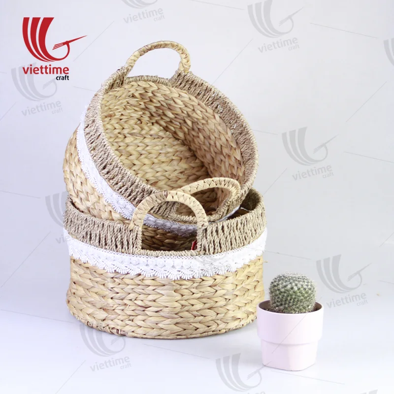 Water Hyacinth Basket With Lace Fabric Set of 2