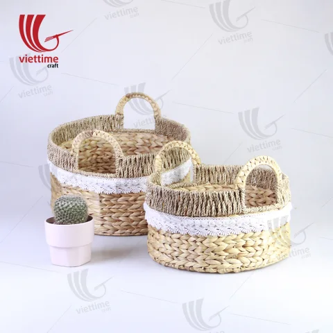 Water Hyacinth Basket With Lace Fabric Set of 2
