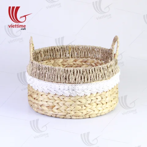 Water Hyacinth Basket With Lace Fabric Set of 2