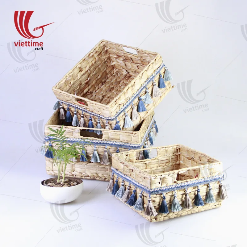 Water Hyacinth Basket With Tassel Set Of 3