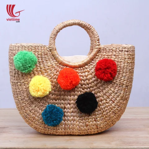Water Hyacinth HandBag With Colorful Pompom