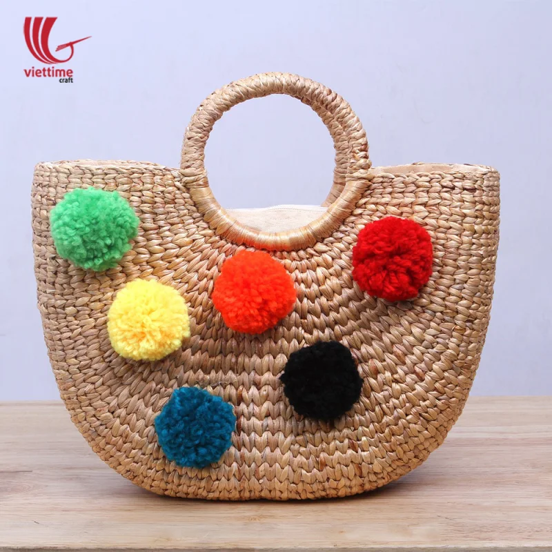 Water Hyacinth HandBag With Colorful Pompom