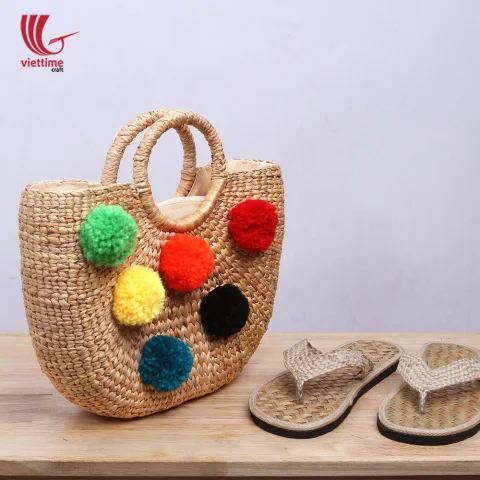 Water Hyacinth HandBag With Colorful Pompom