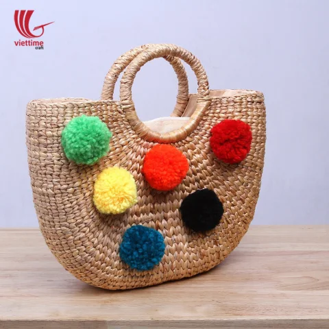 Water Hyacinth HandBag With Colorful Pompom