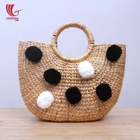 Water Hyacinth HandBag With Black-White Pompom