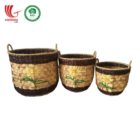 Embroidered Water Hyacinth Laundry Baskets