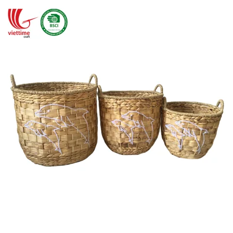 Embroidered Water Hyacinth Laundry Baskets