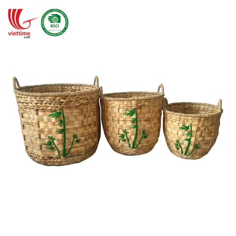 Embroidered Water Hyacinth Laundry Baskets