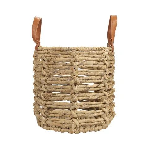 Set 2 of Water hyacinth Basket with Leather handles Vietnam Wholesale