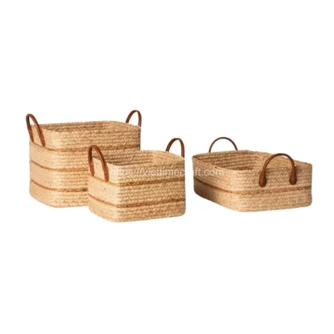 Set Water Hyacinth Basket With Leather Handle