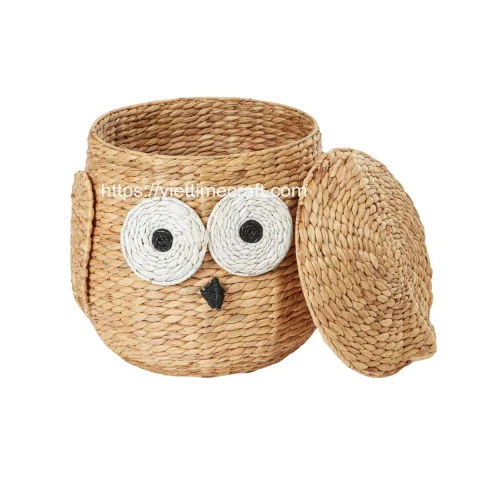 Unique Owl Shape Water Hyacinth Storage Basket With Lid