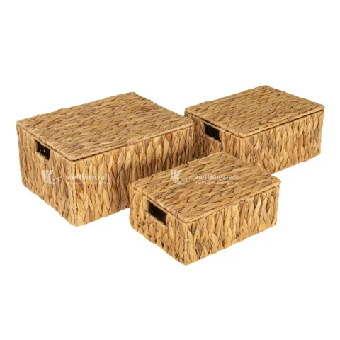 Set 3 Woven Natural Water Hyaicnth Storage Basket With Lid – B00446