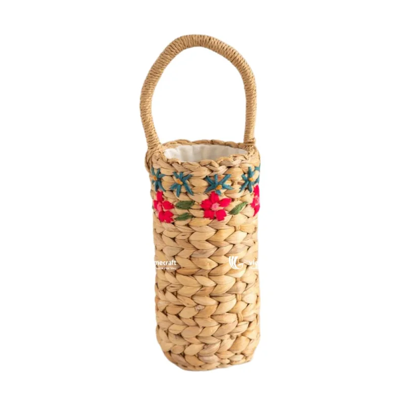 Water Hyacinth Wine Basket, Cup Holder, Bottle Basket Embroidered with Flowers