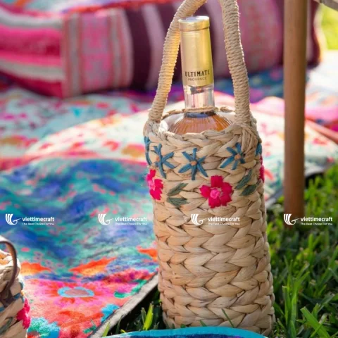 Water Hyacinth Wine Basket, Cup Holder, Bottle Basket Embroidered with Flowers