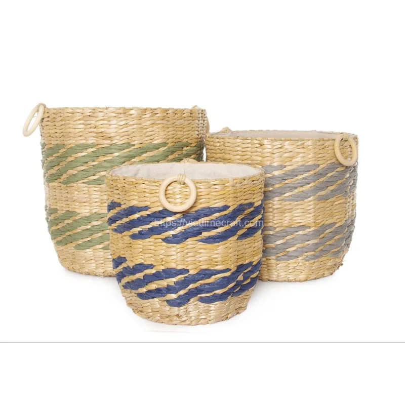Hand Woven Water Hyacinth Storage Basket With Beads
