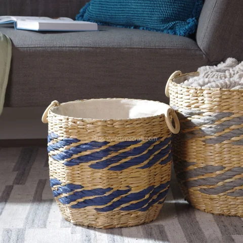 Hand Woven Water Hyacinth Storage Basket With Beads