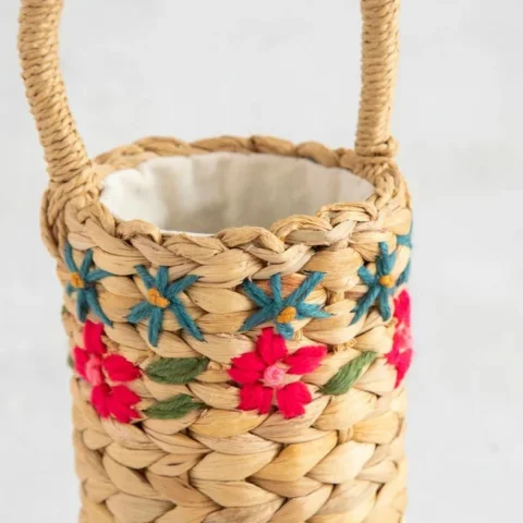 Set of Water Hyacinth Embroidered with Flowers: Storage Tray, Lampshade, Utensil Holder