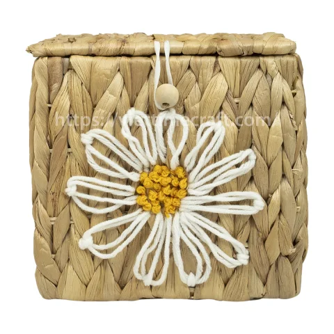 Water Hyacinth Tissue Box with Daisy Flower Embroidered Pattern