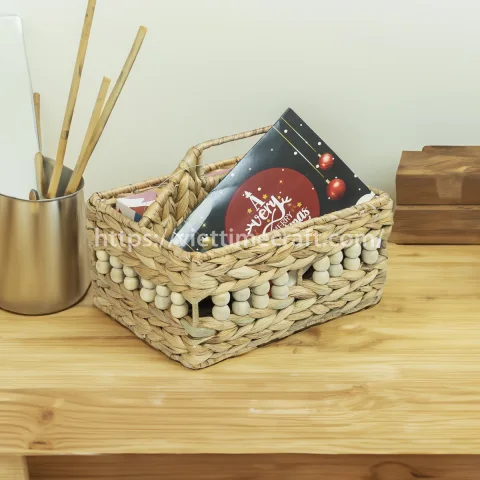 Unique Water Hyacinth Document Holder, Woven Paper Organizer with Wooden Beads