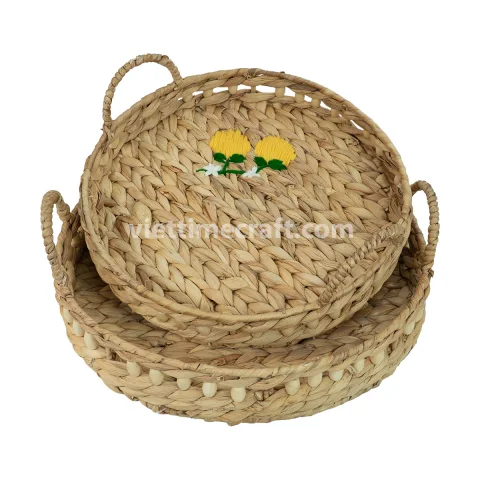 Rattan Export Eco Friendly Decorative Storage Serving Tray Basket With Embroidered Lemon, With Beads Wholesale - REX-B00498-1