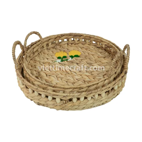 Eco Friendly Decorative Storage Serving Tray Basket With Embroidered Lemon, With Beads Wholesale – B00515