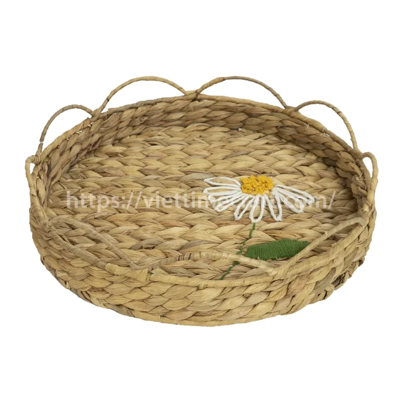 Scalloped Water Hyacinth Storage Tray with Embroidered Daisy Wholesale