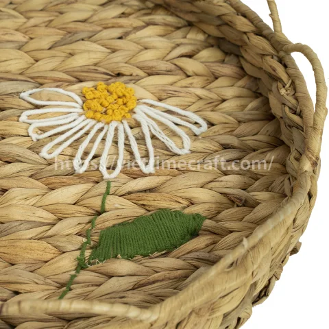 Scalloped Water Hyacinth Storage Tray with Embroidered Daisy Wholesale