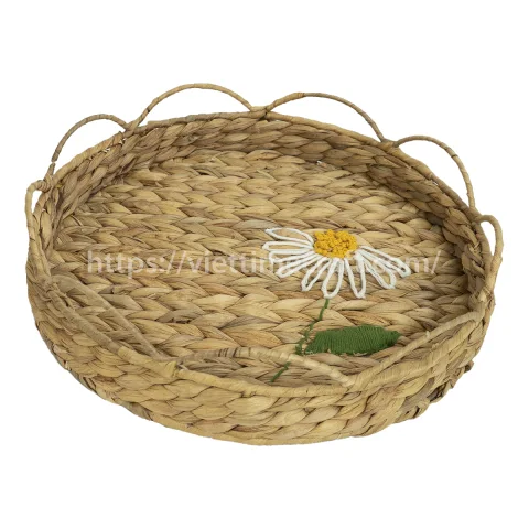 Scalloped Water Hyacinth Storage Tray with Embroidered Daisy Wholesale