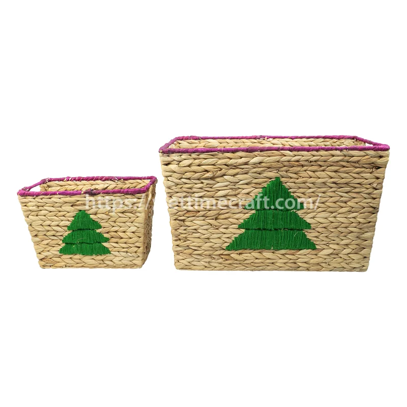 Set of 2 Water Hyacinth Basket with Handle and Christmas Tree Embroidery