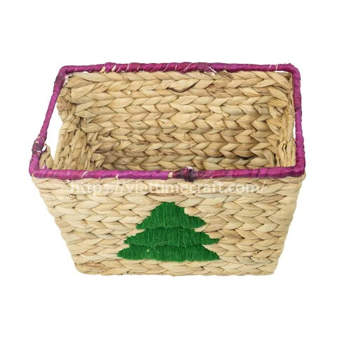 Set of 2 Water Hyacinth Basket with Handle and Christmas Tree Embroidery