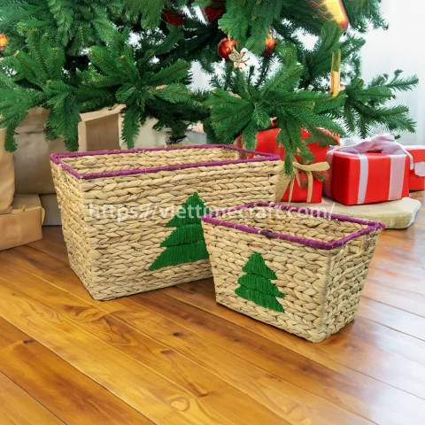 Set of 2 Water Hyacinth Basket with Handle and Christmas Tree Embroidery