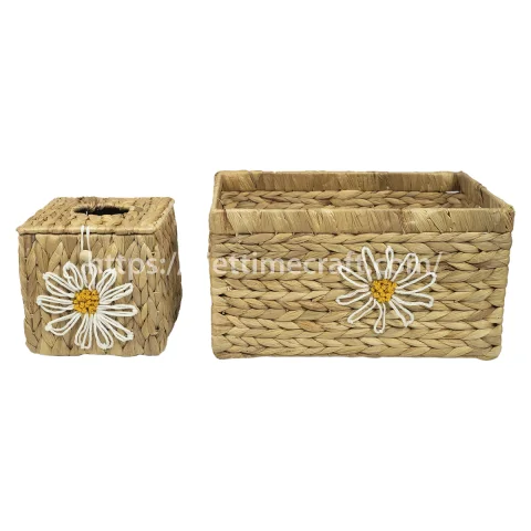 Set Water Hyacinth Storage Basket With Tissue Box Daisy Flower Embroidered Pattern