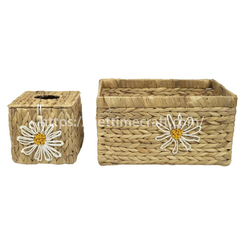 Set Water Hyacinth Storage Basket With Tissue Box Daisy Flower Embroidered Pattern