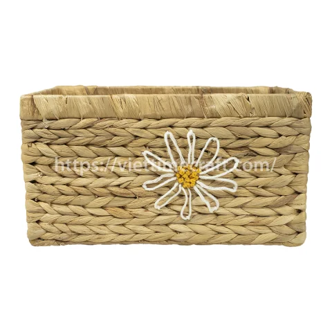 Set Water Hyacinth Storage Basket With Tissue Box Daisy Flower Embroidered Pattern