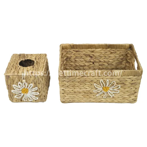 Set Water Hyacinth Storage Basket With Tissue Box Daisy Flower Embroidered Pattern