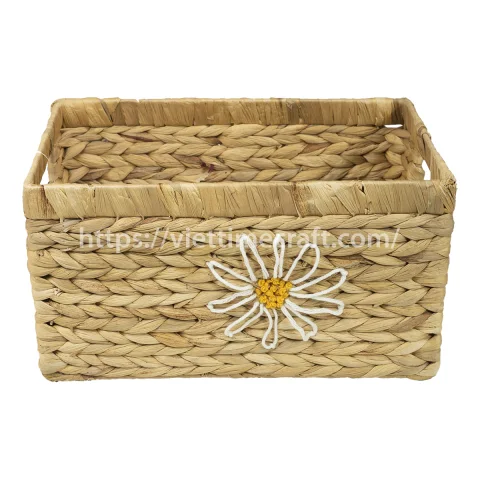 Set Water Hyacinth Storage Basket With Tissue Box Daisy Flower Embroidered Pattern