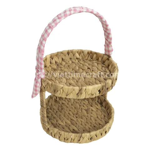 Two-Tier Wicker Tray with Ribbon Bow Made Of Water Hyacinth