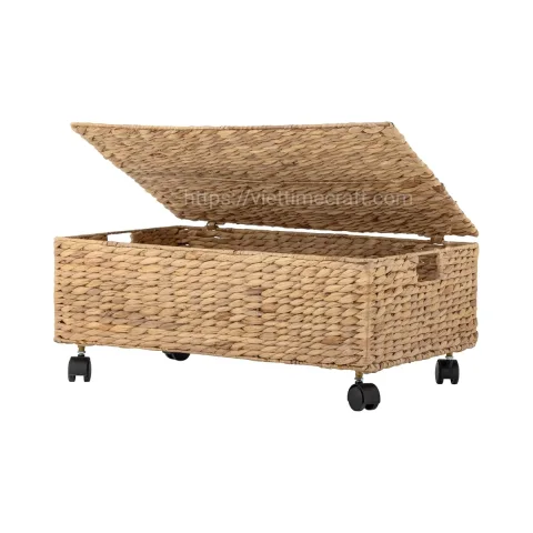 Underbed Storage Basket on Wheels with Lid – Natural Water Hyacinth Organizer