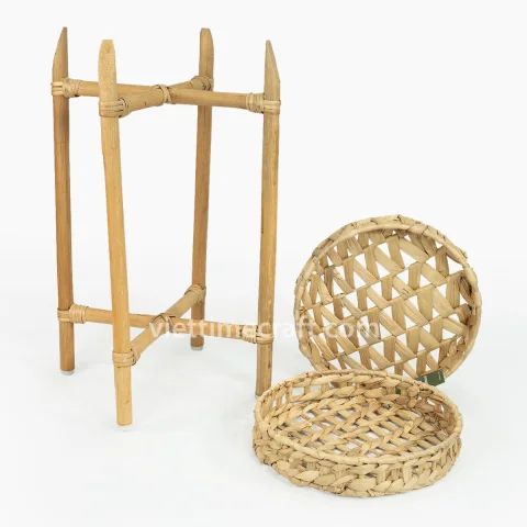 2 Tier Water Hyacinth Floor Standing Shelf Storage Basket Natural Woven Tray